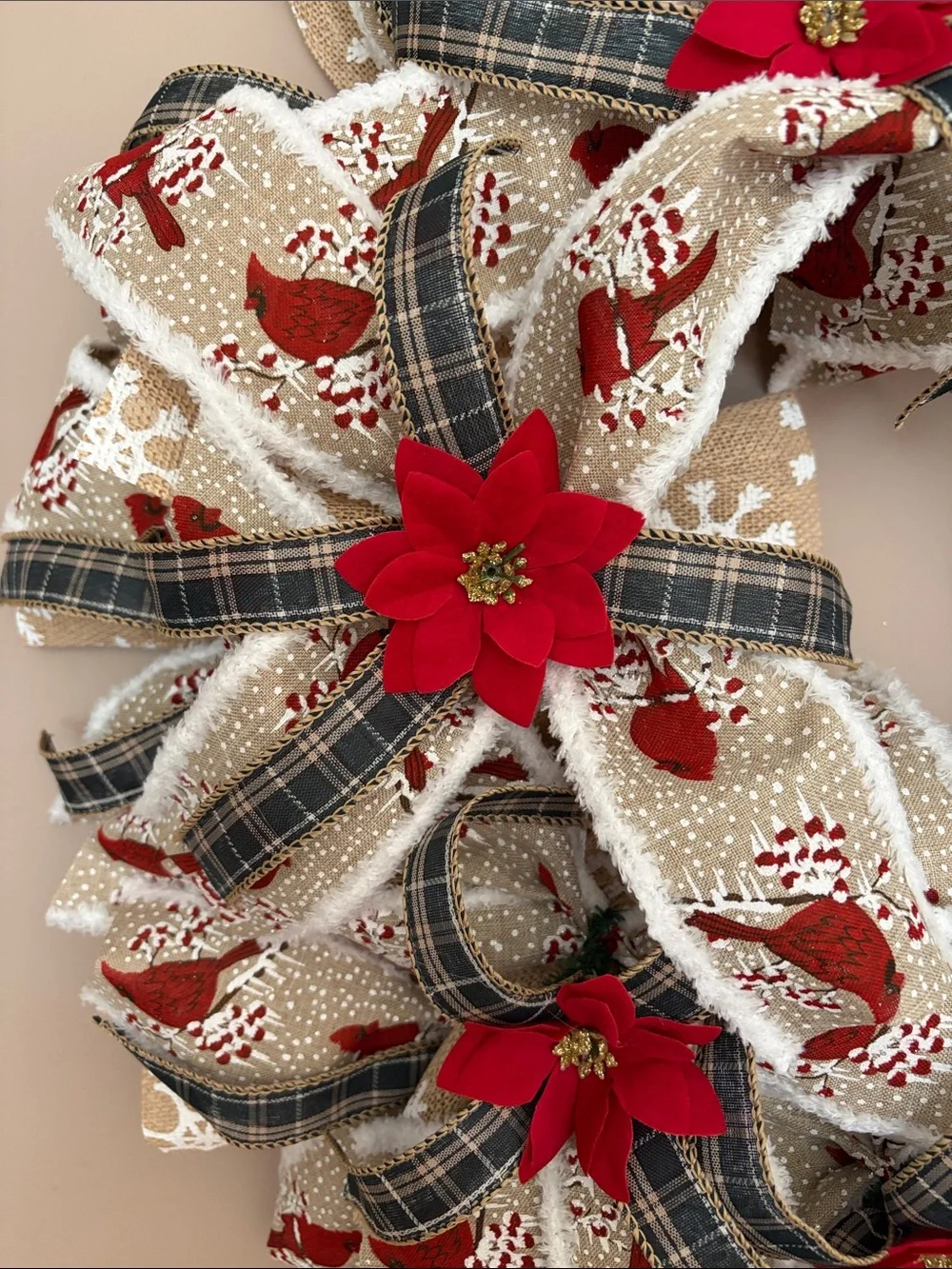 Burlap Holiday Wreath with Red Poinsettias and Plaid Ribbon